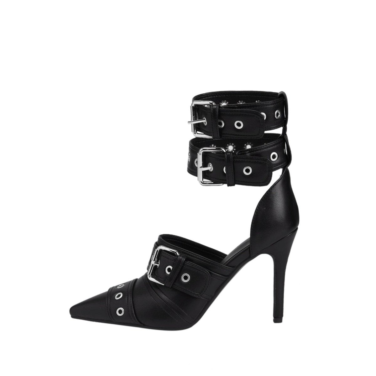 Sexy Black Pointed Toe Buckle Ankle Strap Stiletto Heels - 0cm