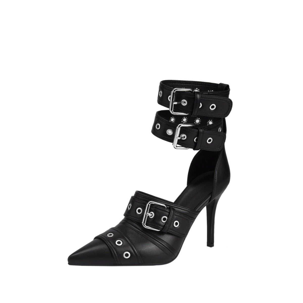 Sexy Black Pointed Toe Buckle Ankle Strap Stiletto Heels - 0cm