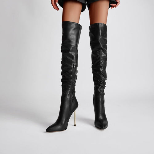 Sexy Pointed Toe Black Ruched Knee High Boots - 0cm