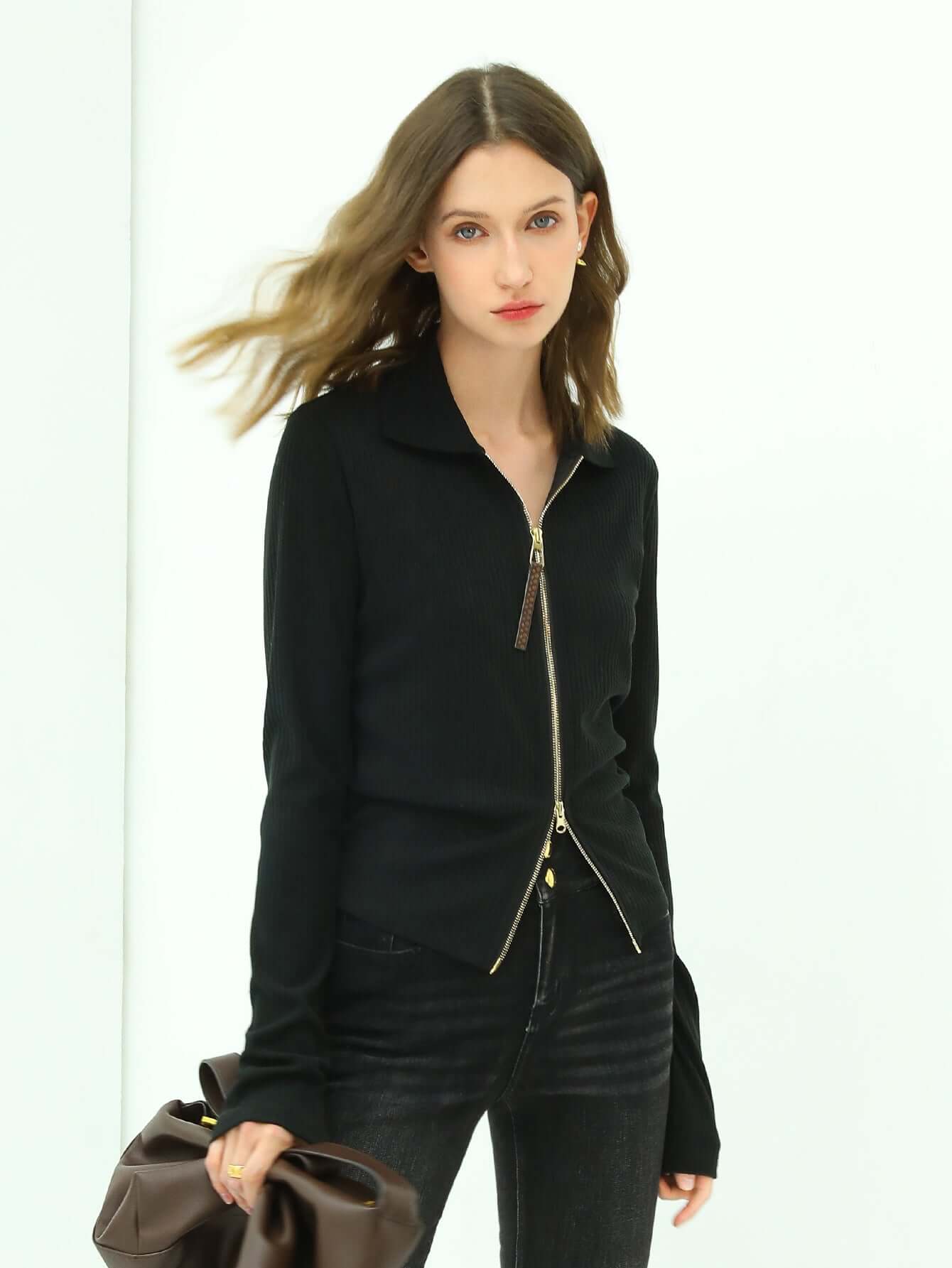 sexy v neck double zip cardigan all black 1