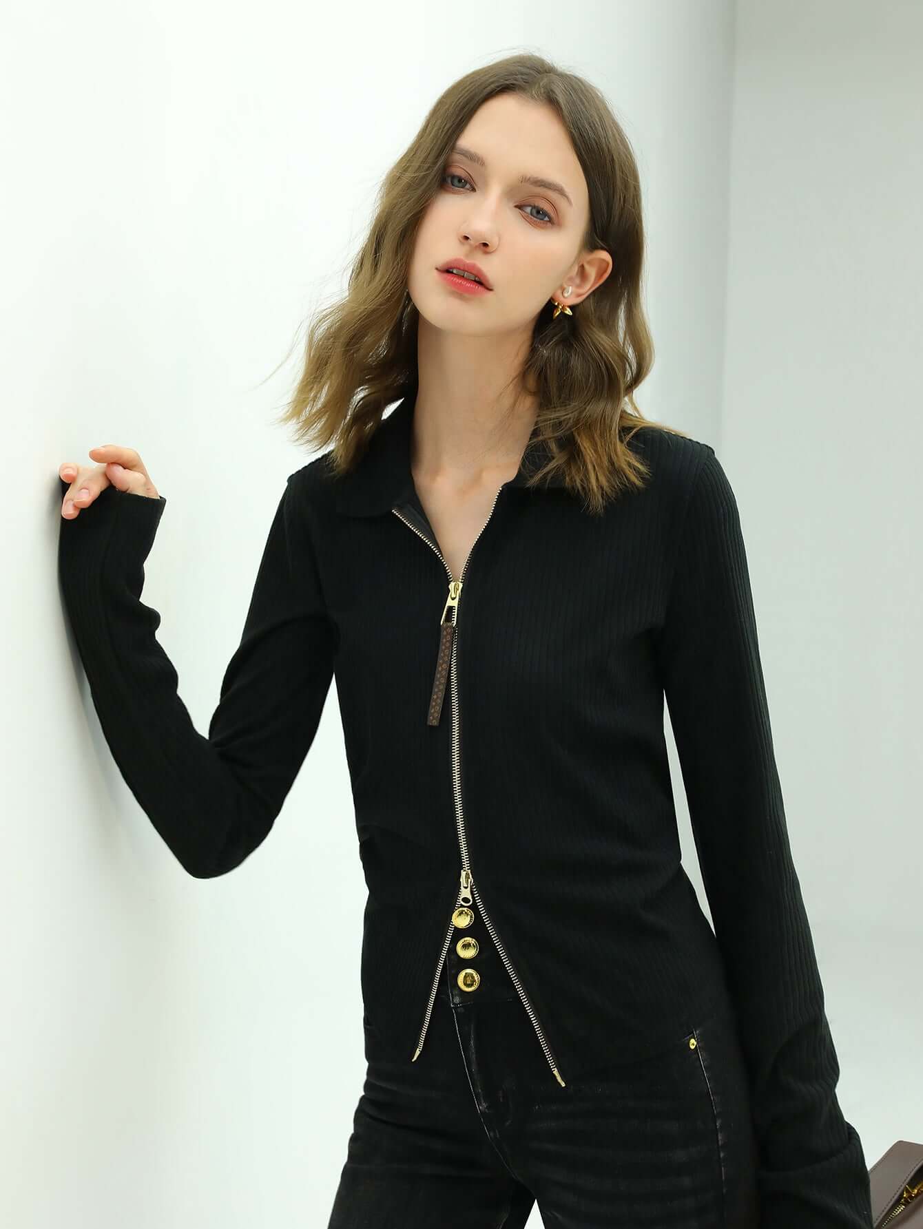 sexy v neck double zip cardigan all black 2