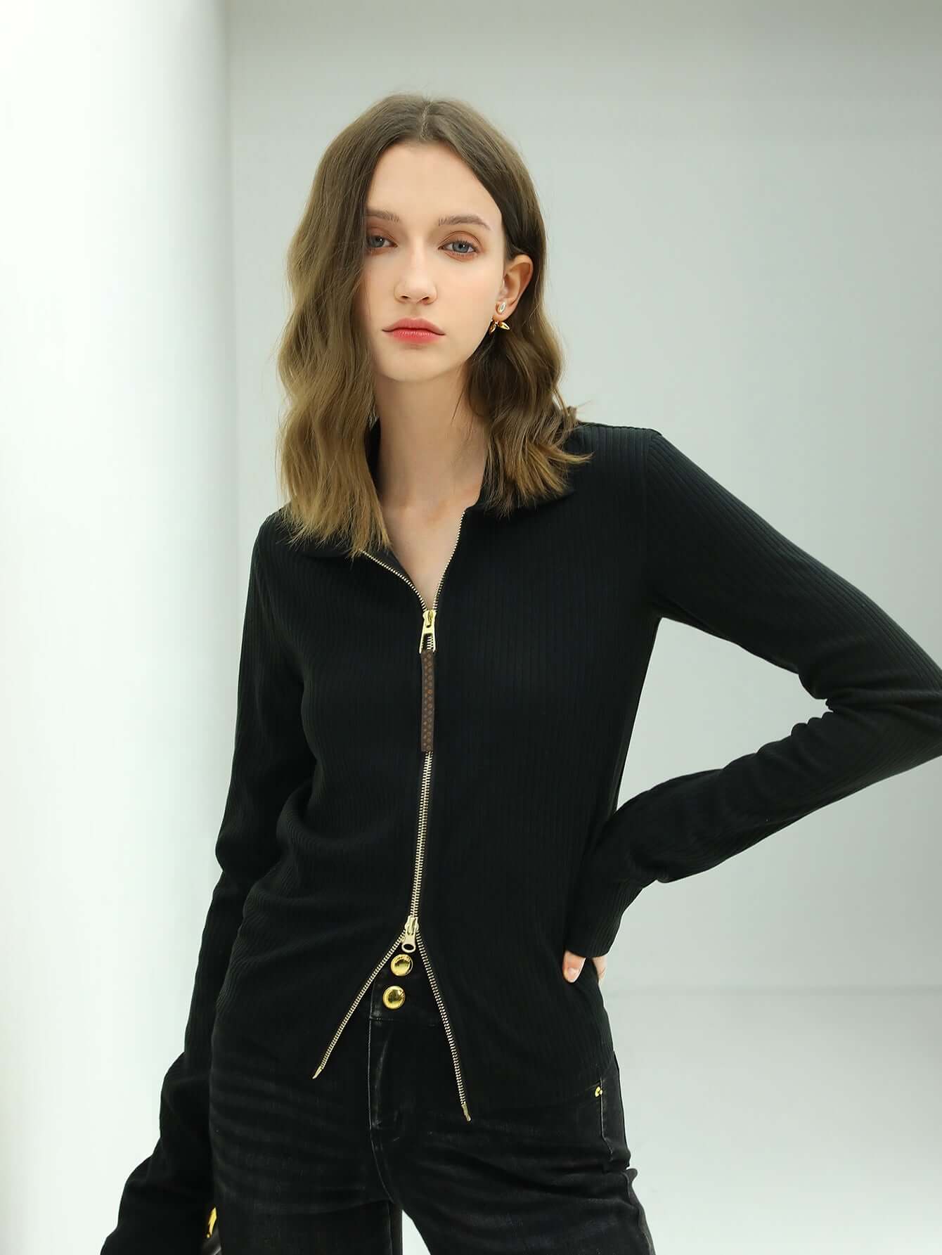sexy v neck double zip cardigan all black 3