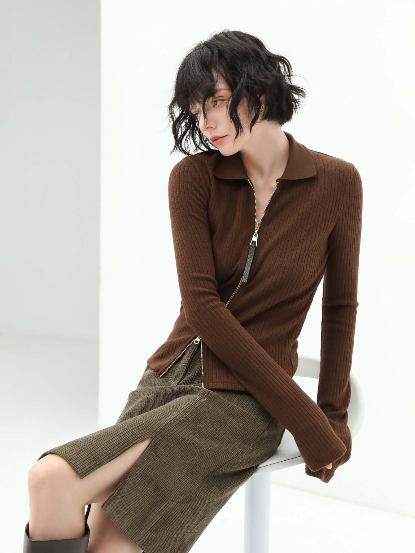 sexy v neck double zip cardigan all brown 2