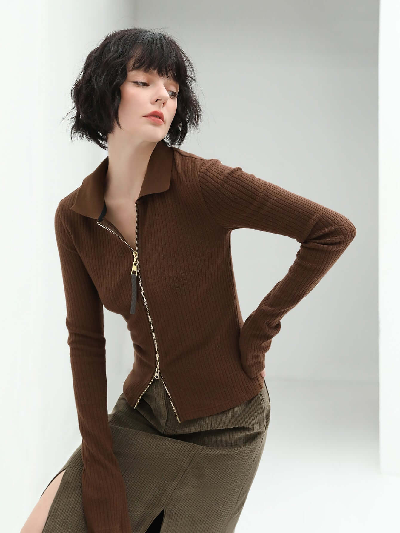 sexy v neck double zip cardigan all brown 3