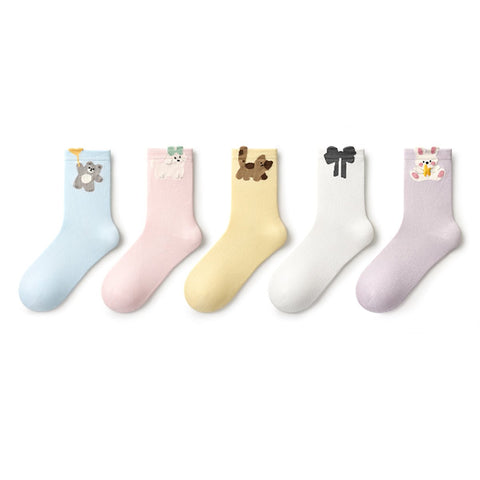 Shake Your Tail 3D Cuff Kawaii Mid-Calf Socks – Women's Pastel 5-Pair All-Season Set
