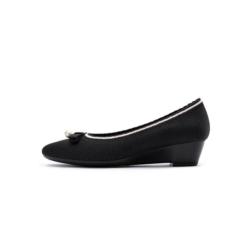 Shallow Wedge Pearl Bow Work Shoes – Comfortable Soft Sole Knit Wedges