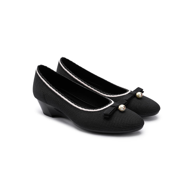 Shallow Wedge Pearl Bow Work Shoes – Comfortable Soft Sole Knit Wedges