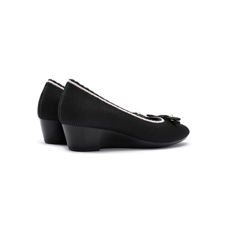 Shallow Wedge Pearl Bow Work Shoes – Comfortable Soft Sole Knit Wedges