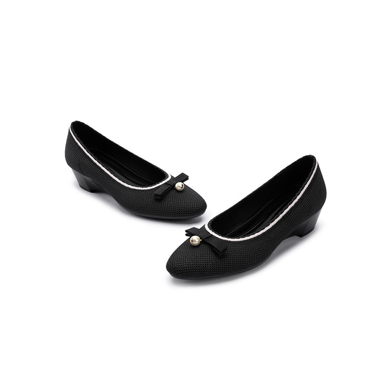Shallow Wedge Pearl Bow Work Shoes – Comfortable Soft Sole Knit Wedges
