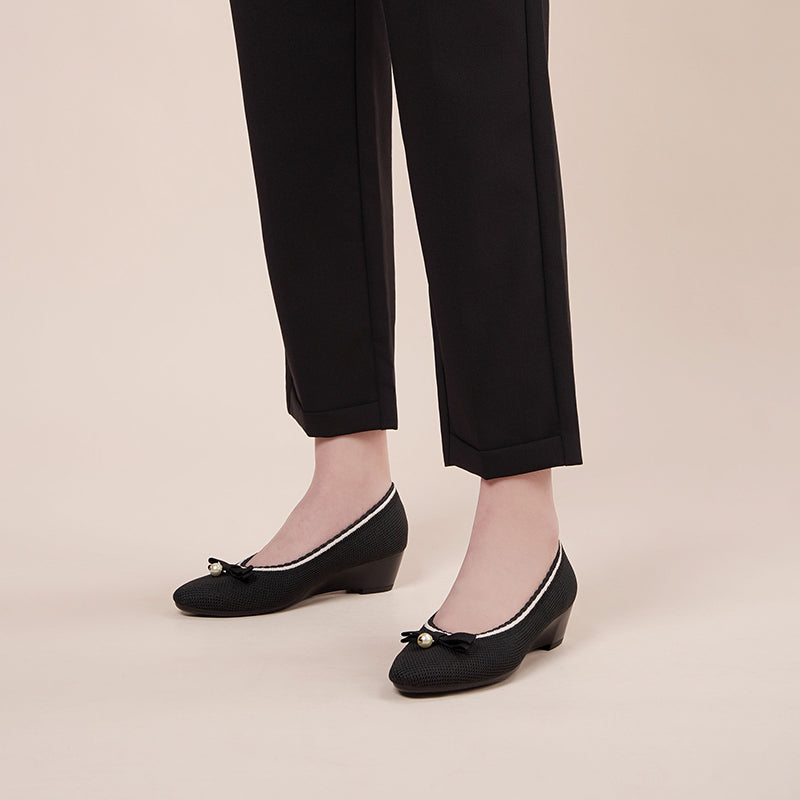 Shallow Wedge Pearl Bow Work Shoes – Comfortable Soft Sole Knit Wedges