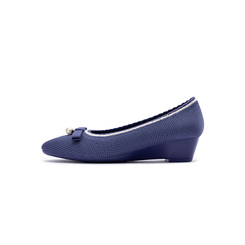 Shallow Wedge Pearl Bow Work Shoes – Comfortable Soft Sole Knit Wedges