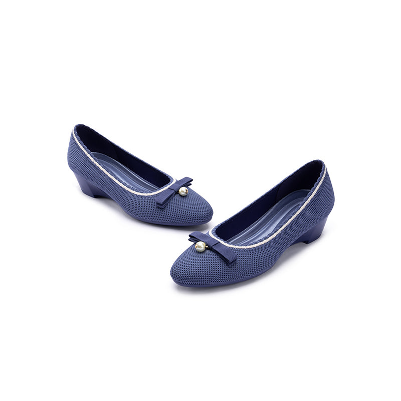 Shallow Wedge Pearl Bow Work Shoes – Comfortable Soft Sole Knit Wedges