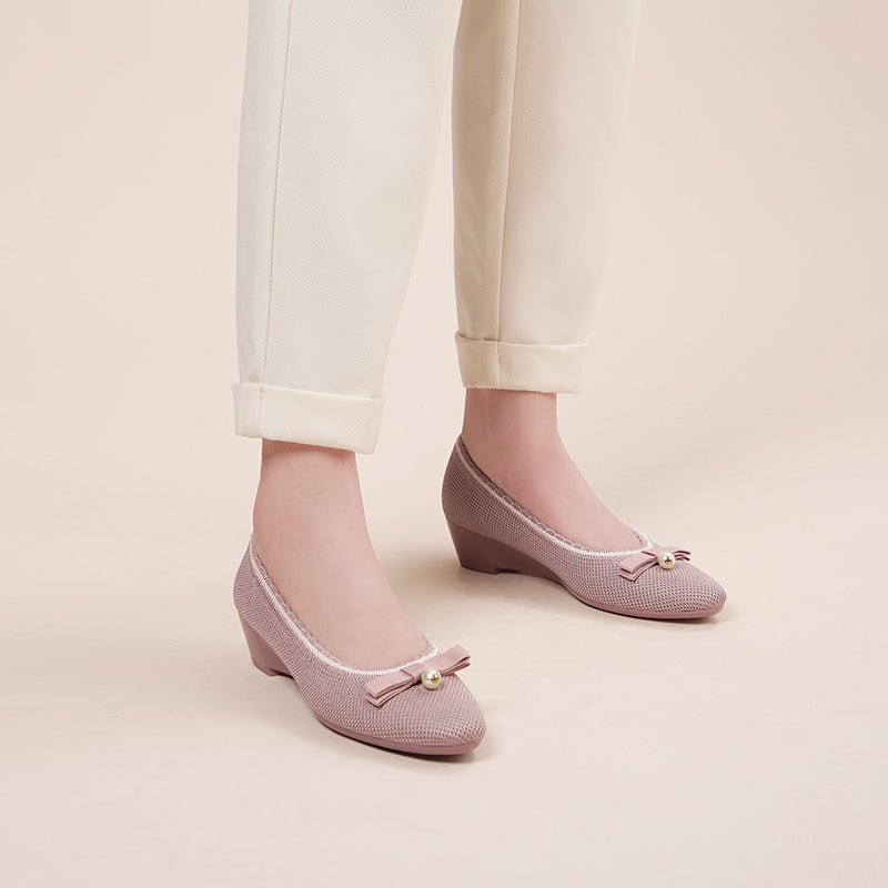 Shallow Wedge Pearl Bow Work Shoes – Comfortable Soft Sole Knit Wedges
