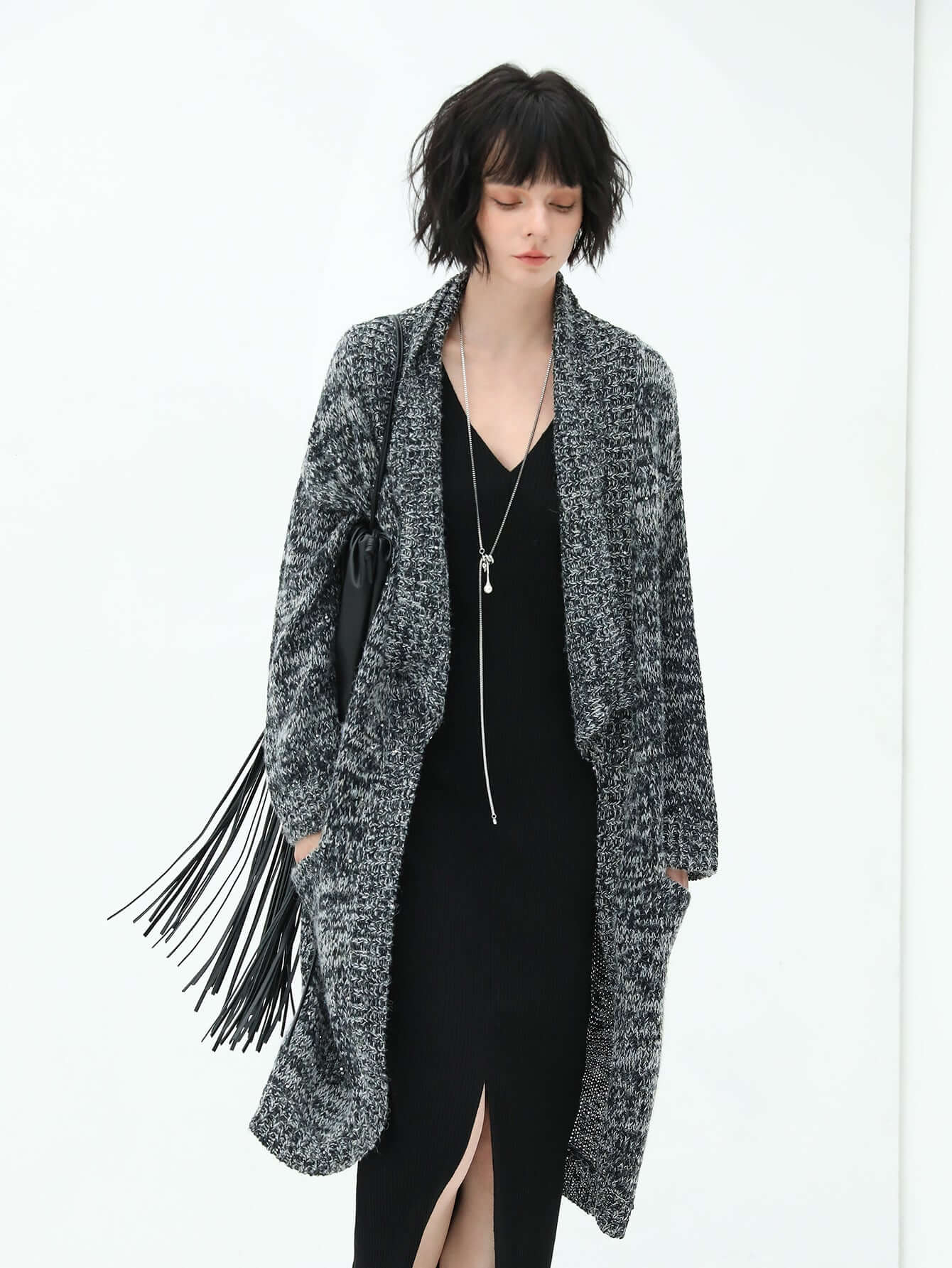 shawl collar long knitted cardigan in charcoal all charcoal 1