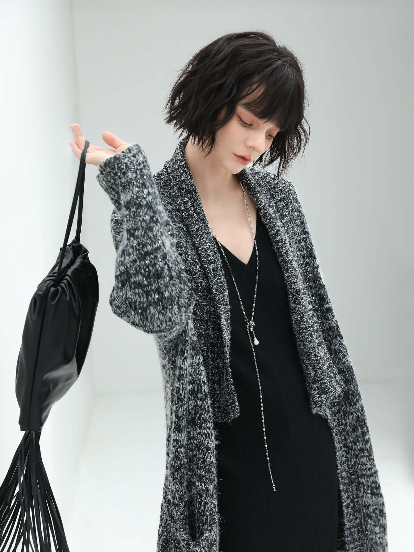 shawl collar long knitted cardigan in charcoal all charcoal 2