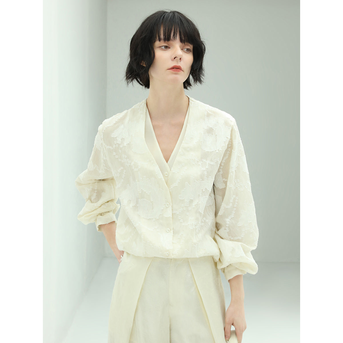 sheer floral ivory lace long sleeve shirt all ivory 2