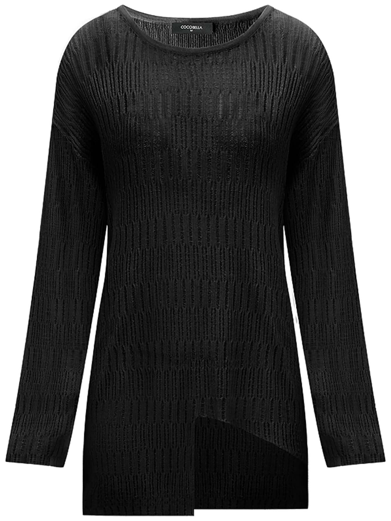 sheer knit top with asymmetrical hem all black 4