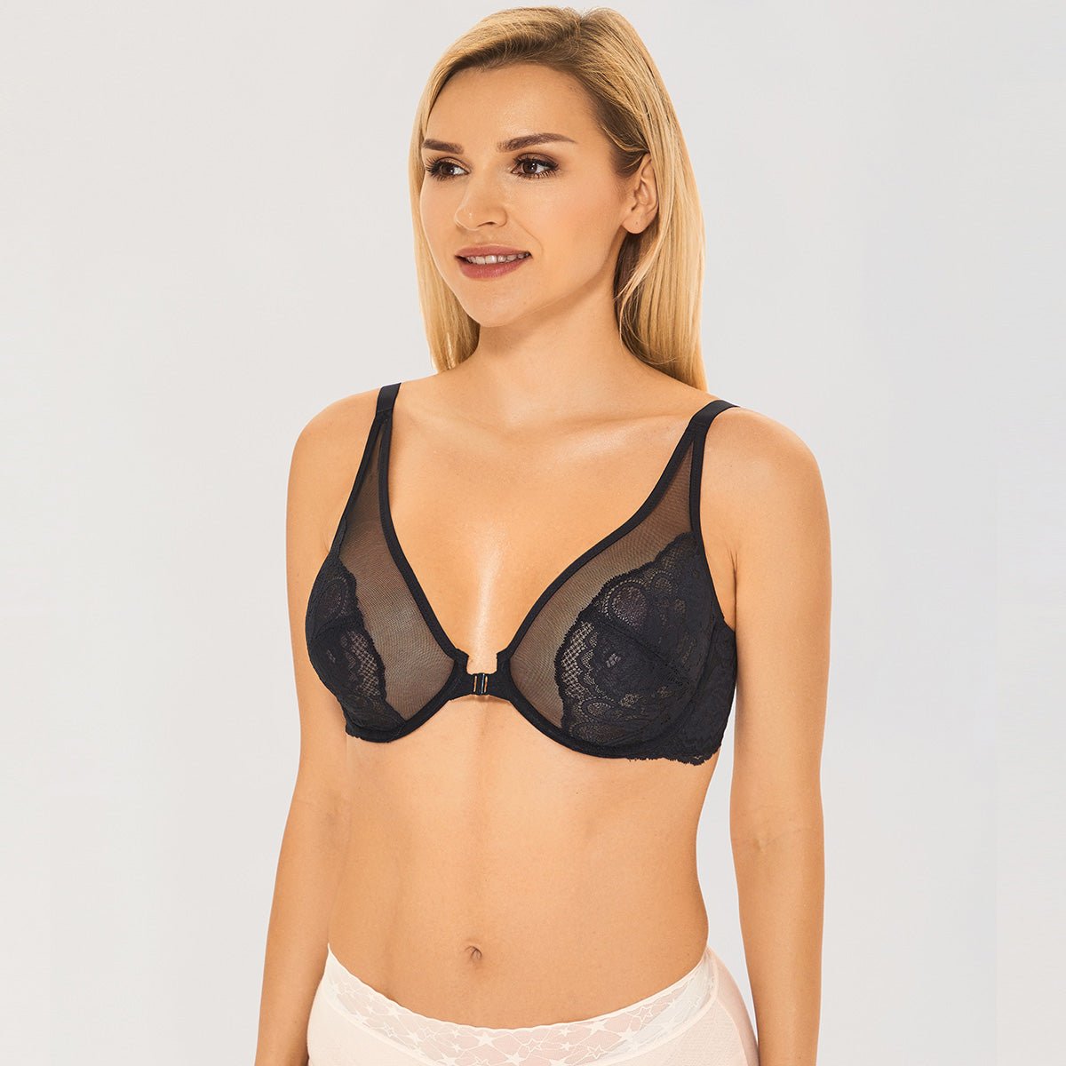 Sheer Lace Front Closure Plunge Minimizer Bra