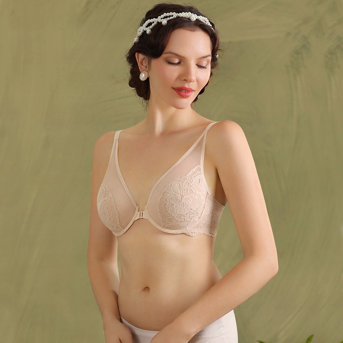 Sheer Lace Front Closure Plunge Minimizer Bra