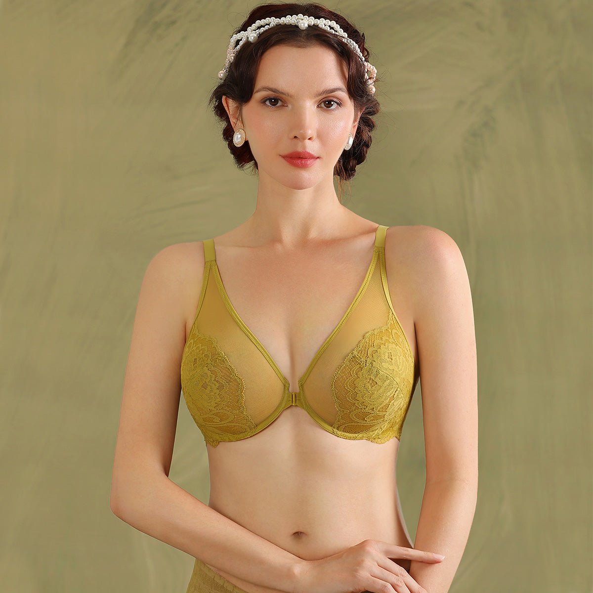 Sheer Lace Front Closure Plunge Minimizer Bra