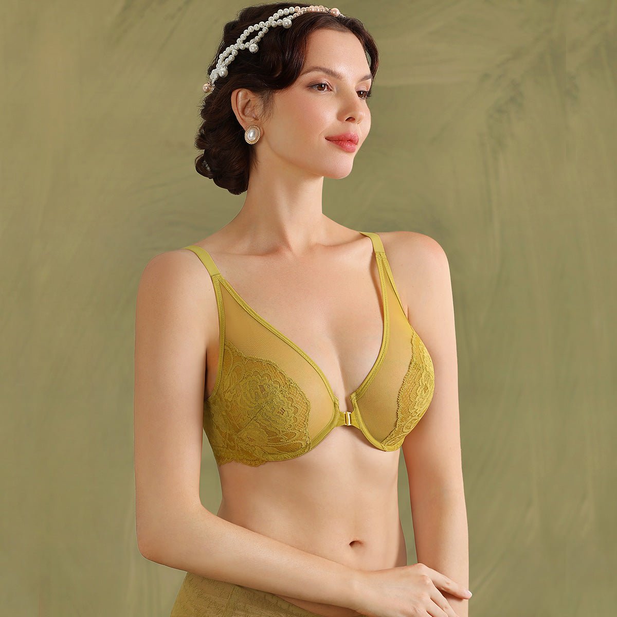 Sheer Lace Front Closure Plunge Minimizer Bra