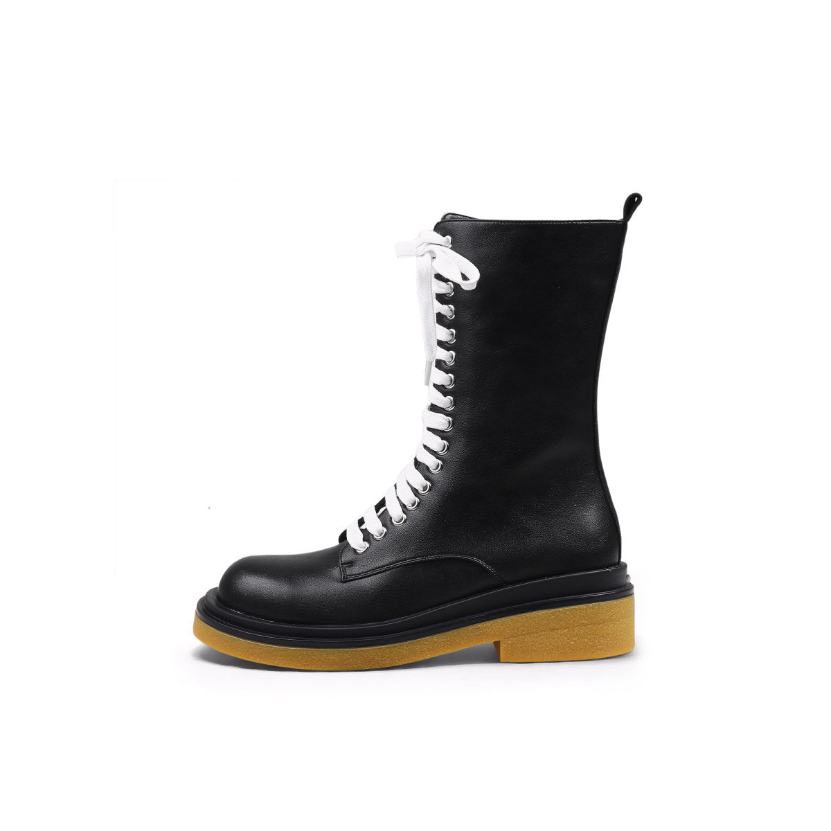 shiny lace up boots with wooden soles all black 1