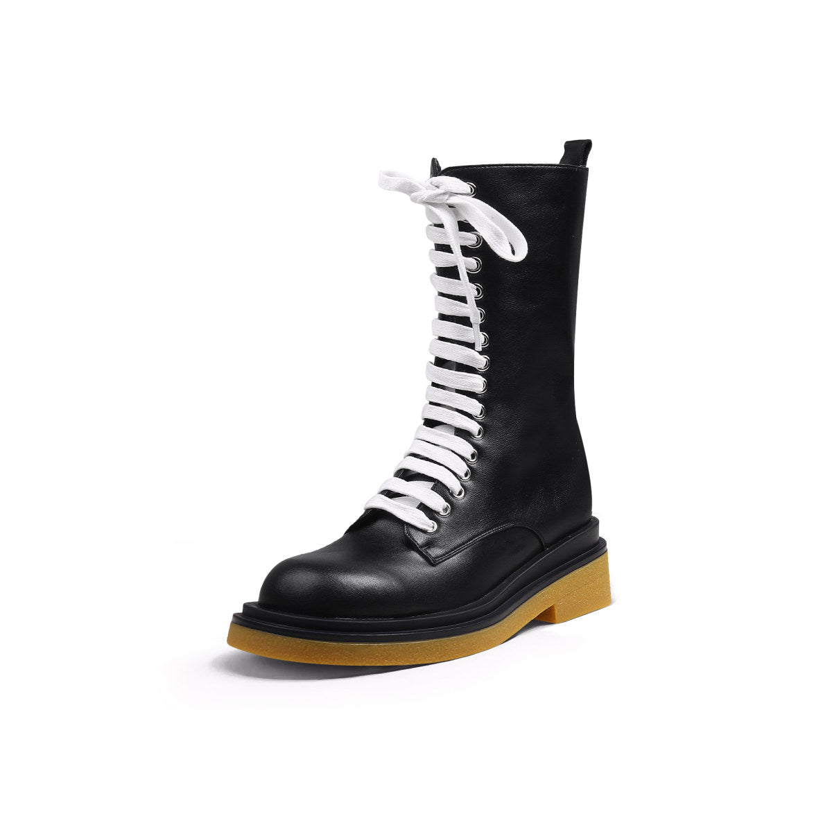 shiny lace up boots with wooden soles all black 2