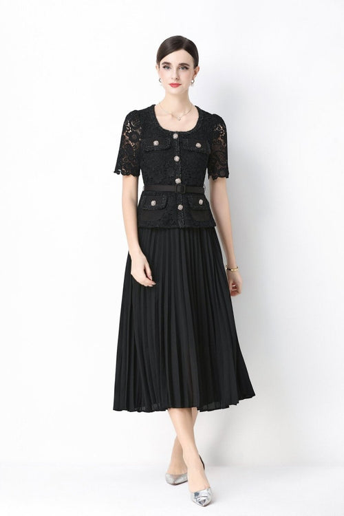 Short Sleeve Lace Peplum Jacket & Pleated Skirt Set