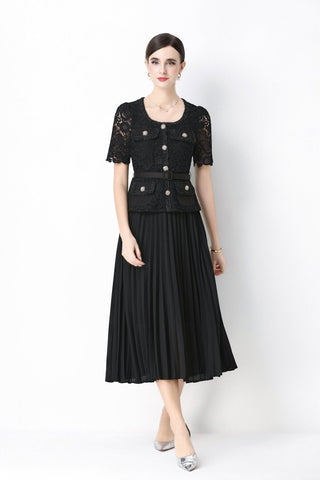 Short Sleeve Lace Peplum Jacket & Pleated Skirt Set