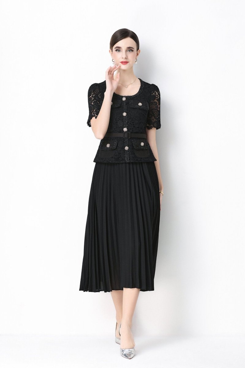 Short Sleeve Lace Peplum Jacket & Pleated Skirt Set