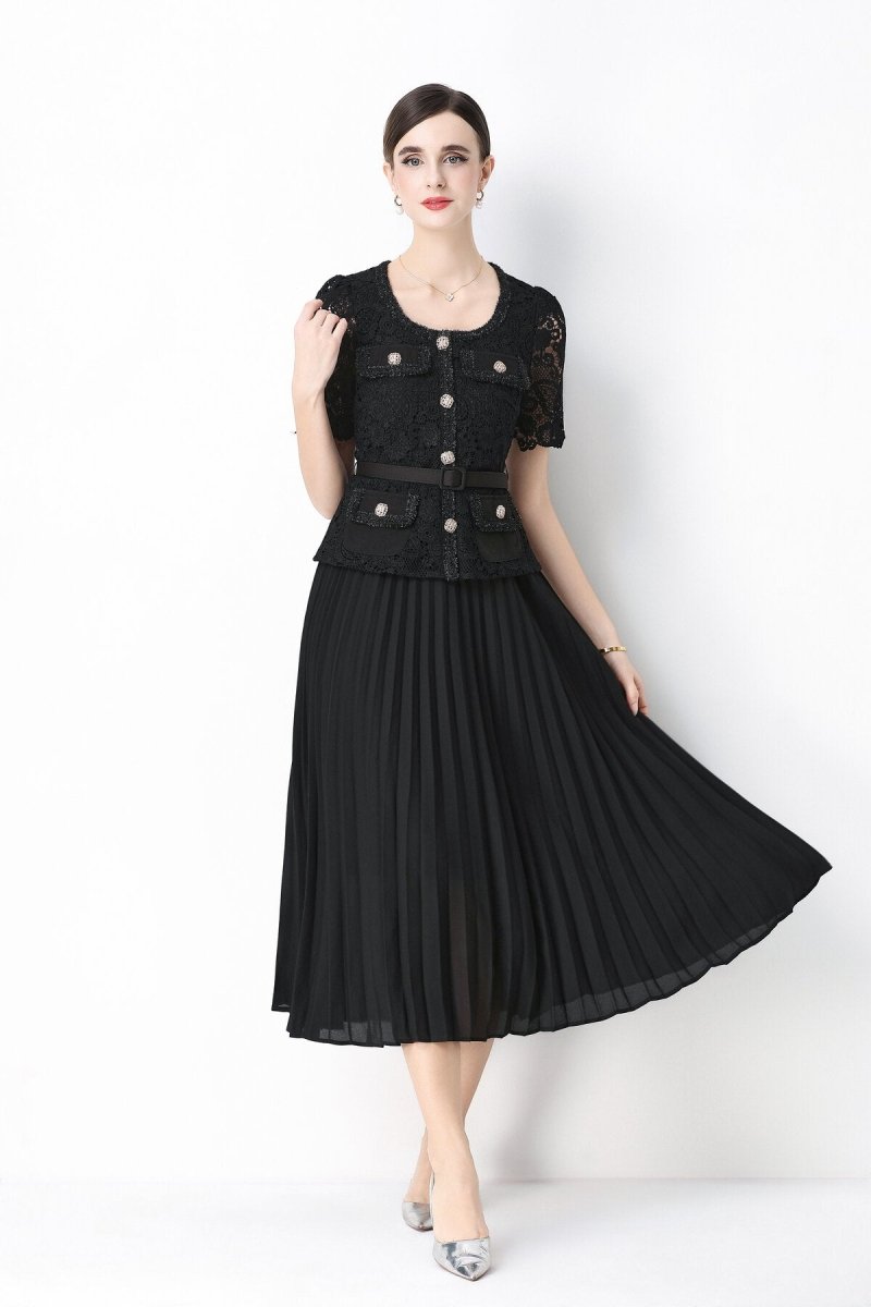 Short Sleeve Lace Peplum Jacket & Pleated Skirt Set