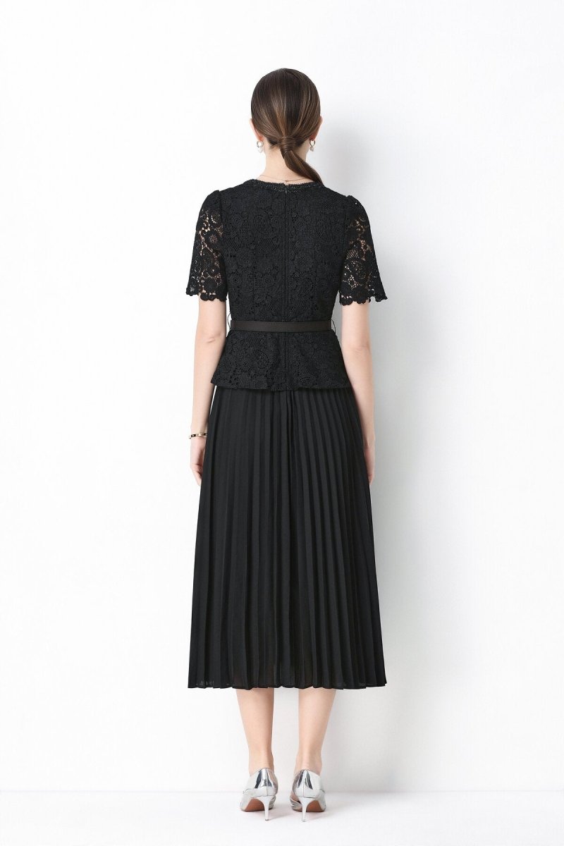 Short Sleeve Lace Peplum Jacket & Pleated Skirt Set