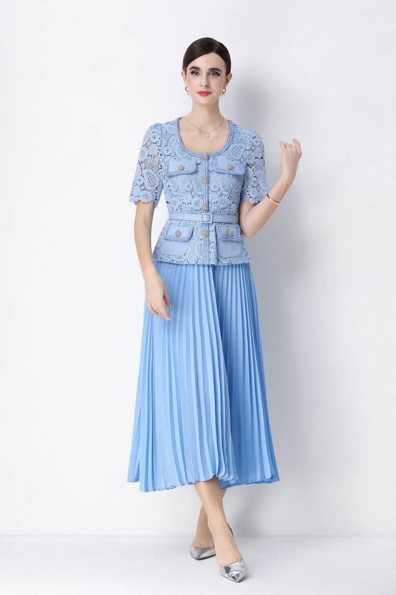 Short Sleeve Lace Peplum Jacket & Pleated Skirt Set