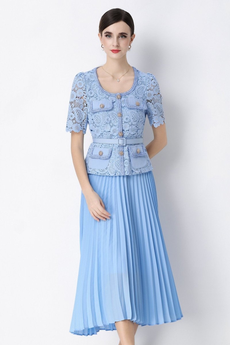 Short Sleeve Lace Peplum Jacket & Pleated Skirt Set