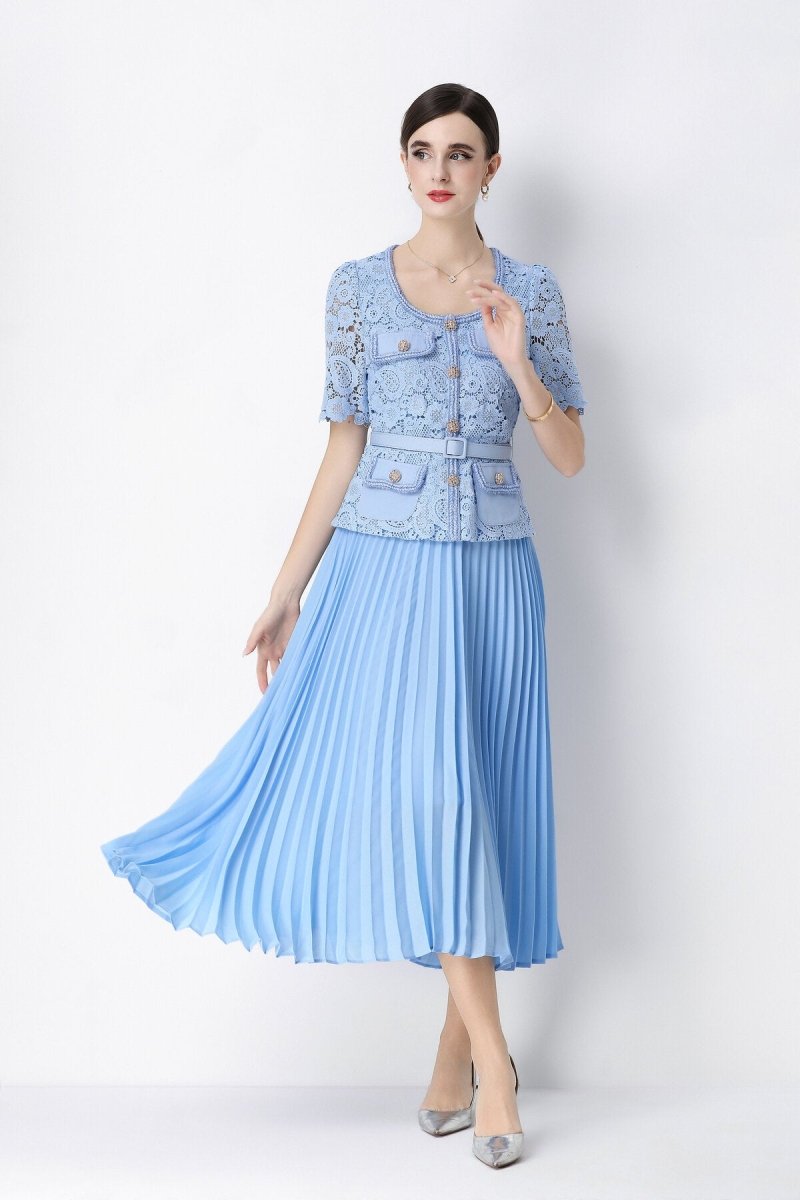 Short Sleeve Lace Peplum Jacket & Pleated Skirt Set