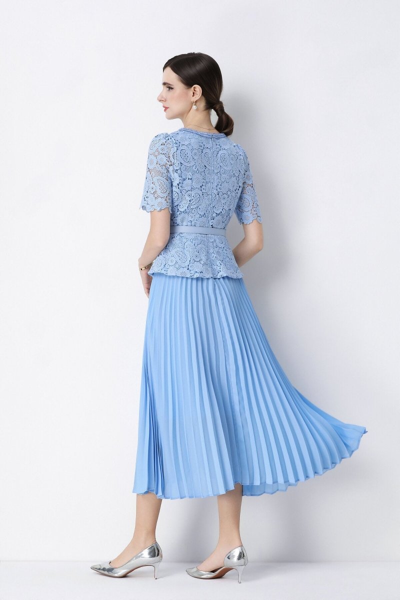 Short Sleeve Lace Peplum Jacket & Pleated Skirt Set