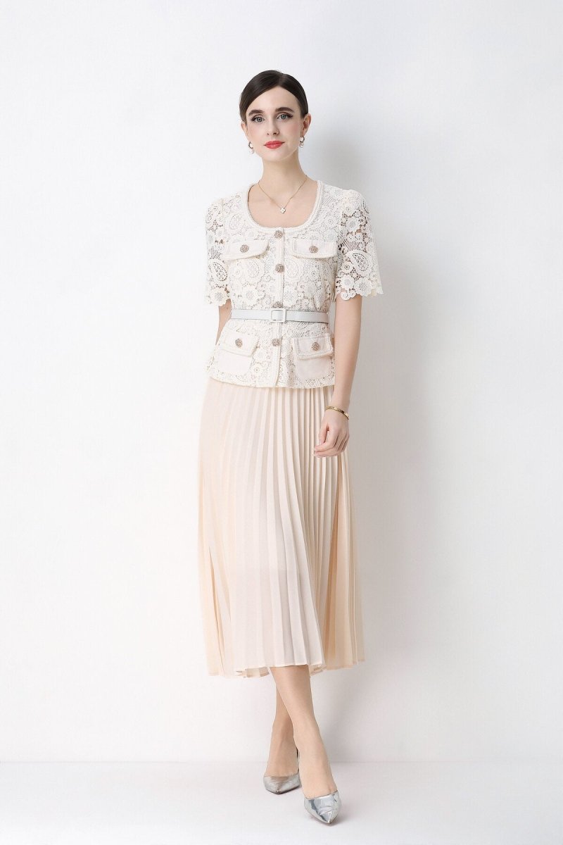 Short Sleeve Lace Peplum Jacket & Pleated Skirt Set