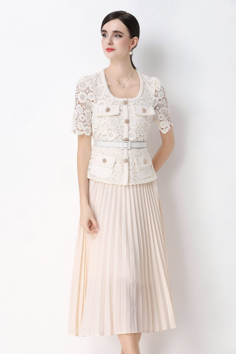 Short Sleeve Lace Peplum Jacket & Pleated Skirt Set