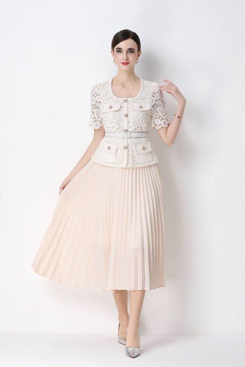 Short Sleeve Lace Peplum Jacket & Pleated Skirt Set