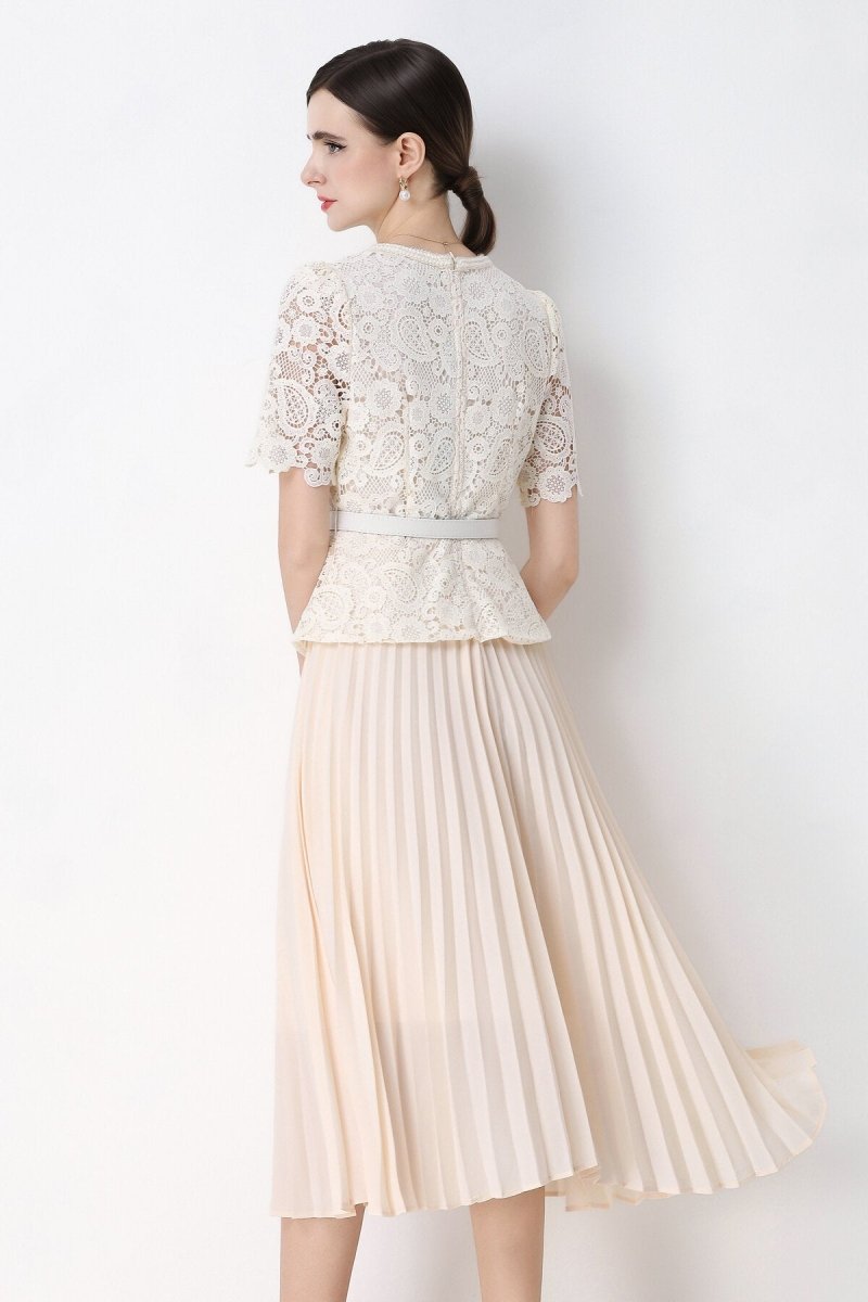 Short Sleeve Lace Peplum Jacket & Pleated Skirt Set