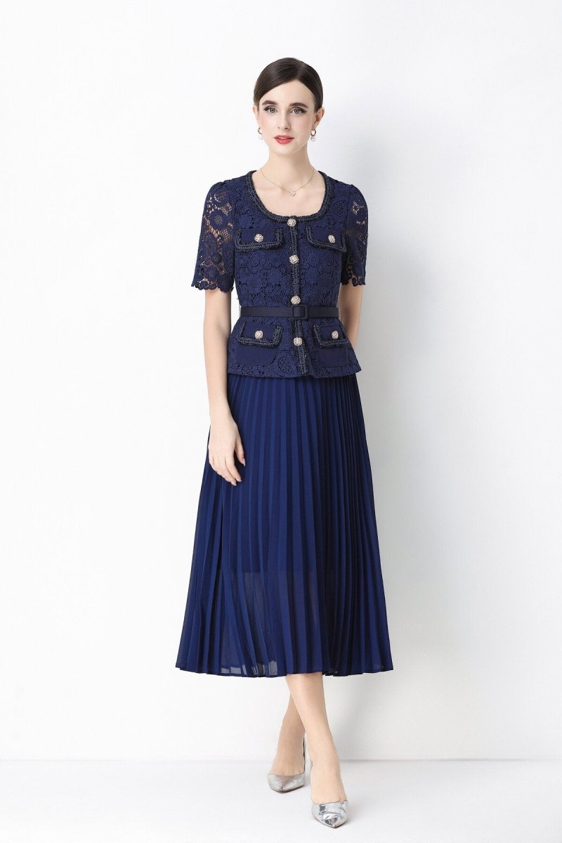 Short Sleeve Lace Peplum Jacket & Pleated Skirt Set