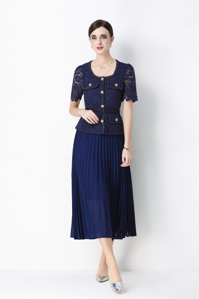 Short Sleeve Lace Peplum Jacket & Pleated Skirt Set