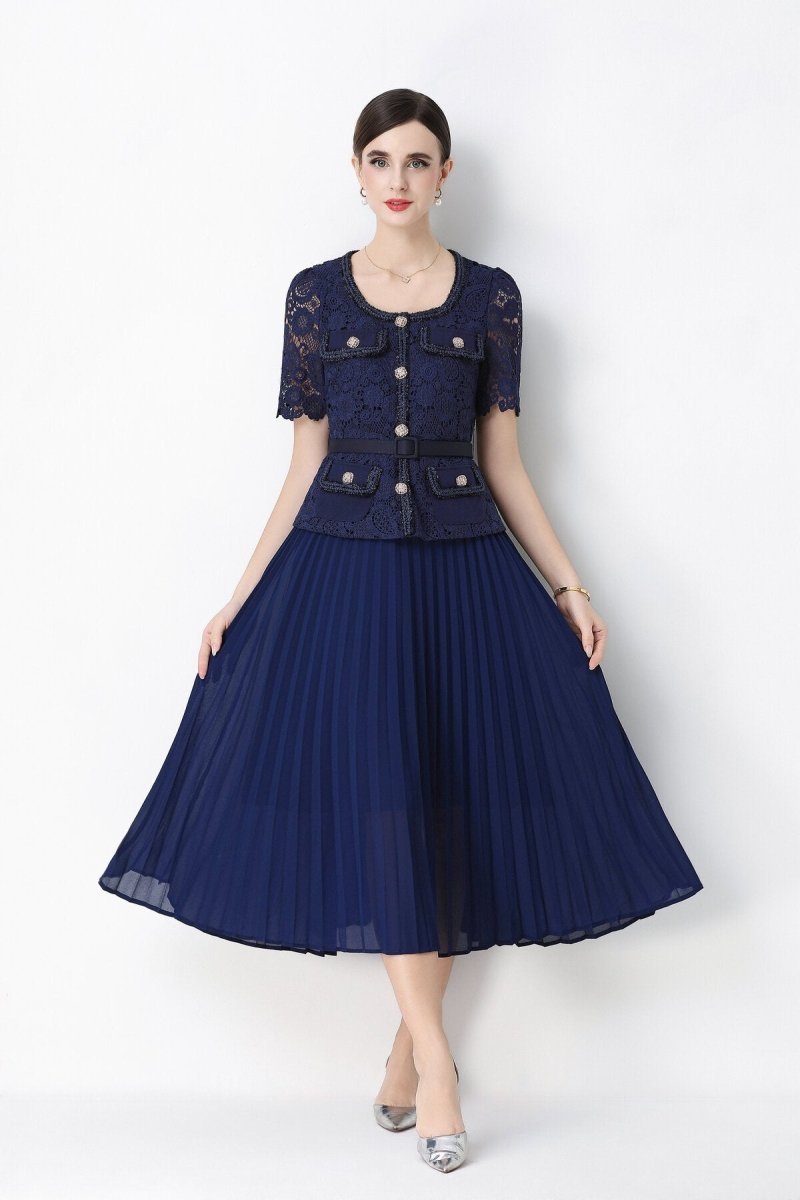 Short Sleeve Lace Peplum Jacket & Pleated Skirt Set
