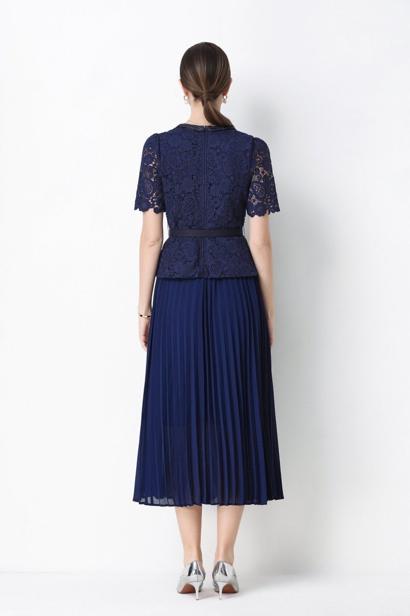 Short Sleeve Lace Peplum Jacket & Pleated Skirt Set