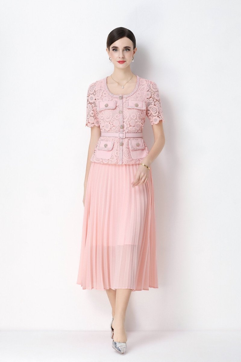 Short Sleeve Lace Peplum Jacket & Pleated Skirt Set