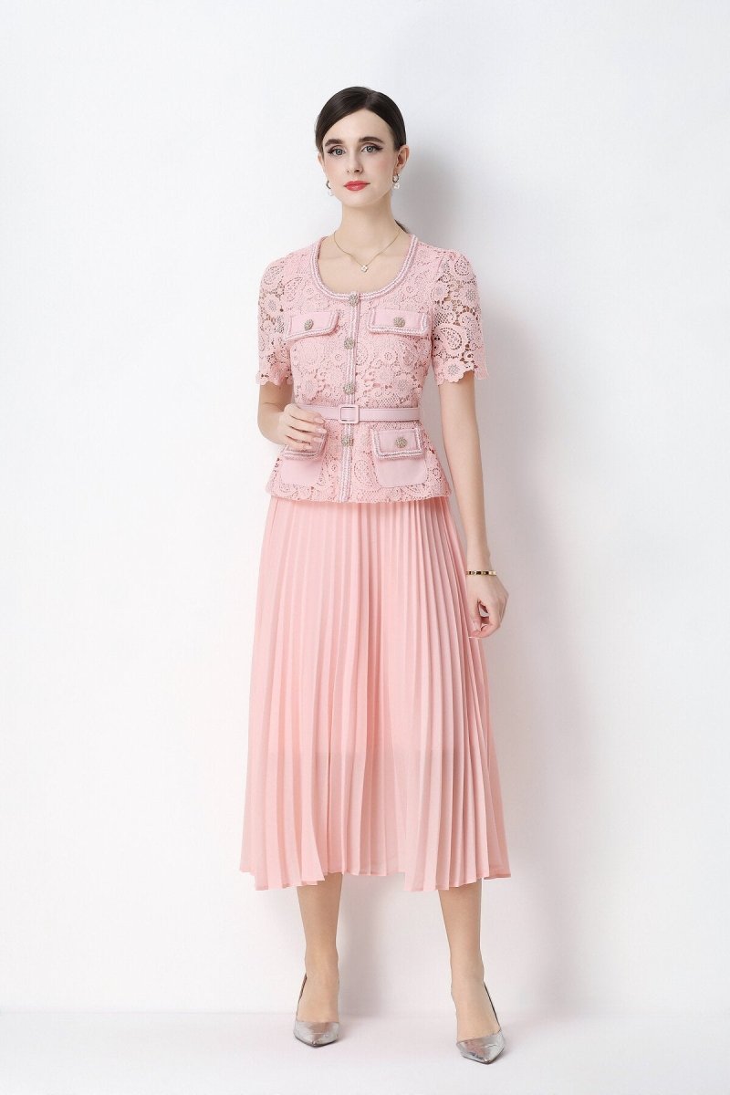 Short Sleeve Lace Peplum Jacket & Pleated Skirt Set
