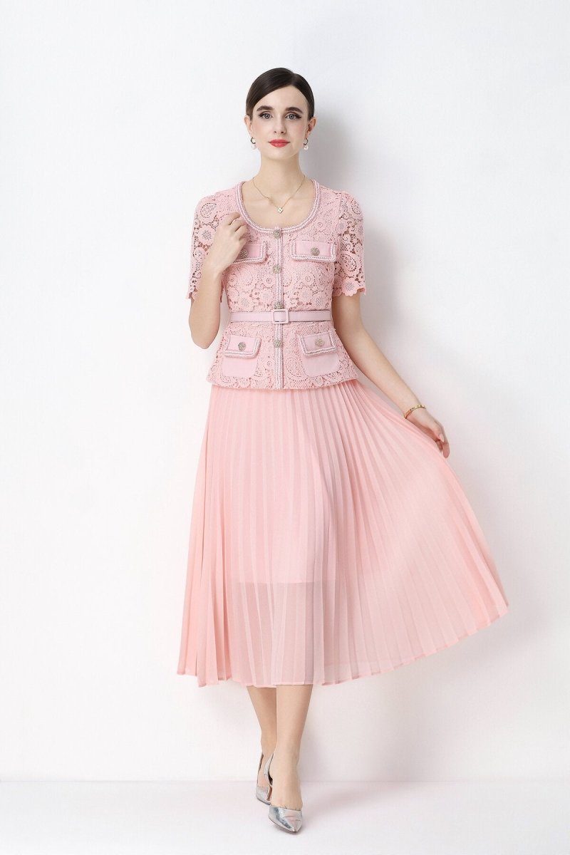 Short Sleeve Lace Peplum Jacket & Pleated Skirt Set