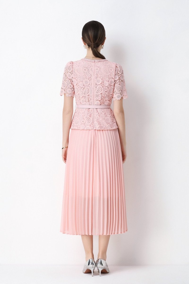 Short Sleeve Lace Peplum Jacket & Pleated Skirt Set