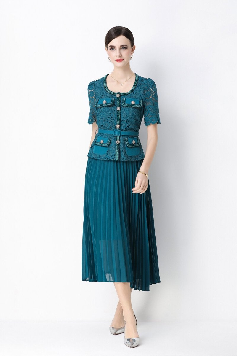 Short Sleeve Lace Peplum Jacket & Pleated Skirt Set
