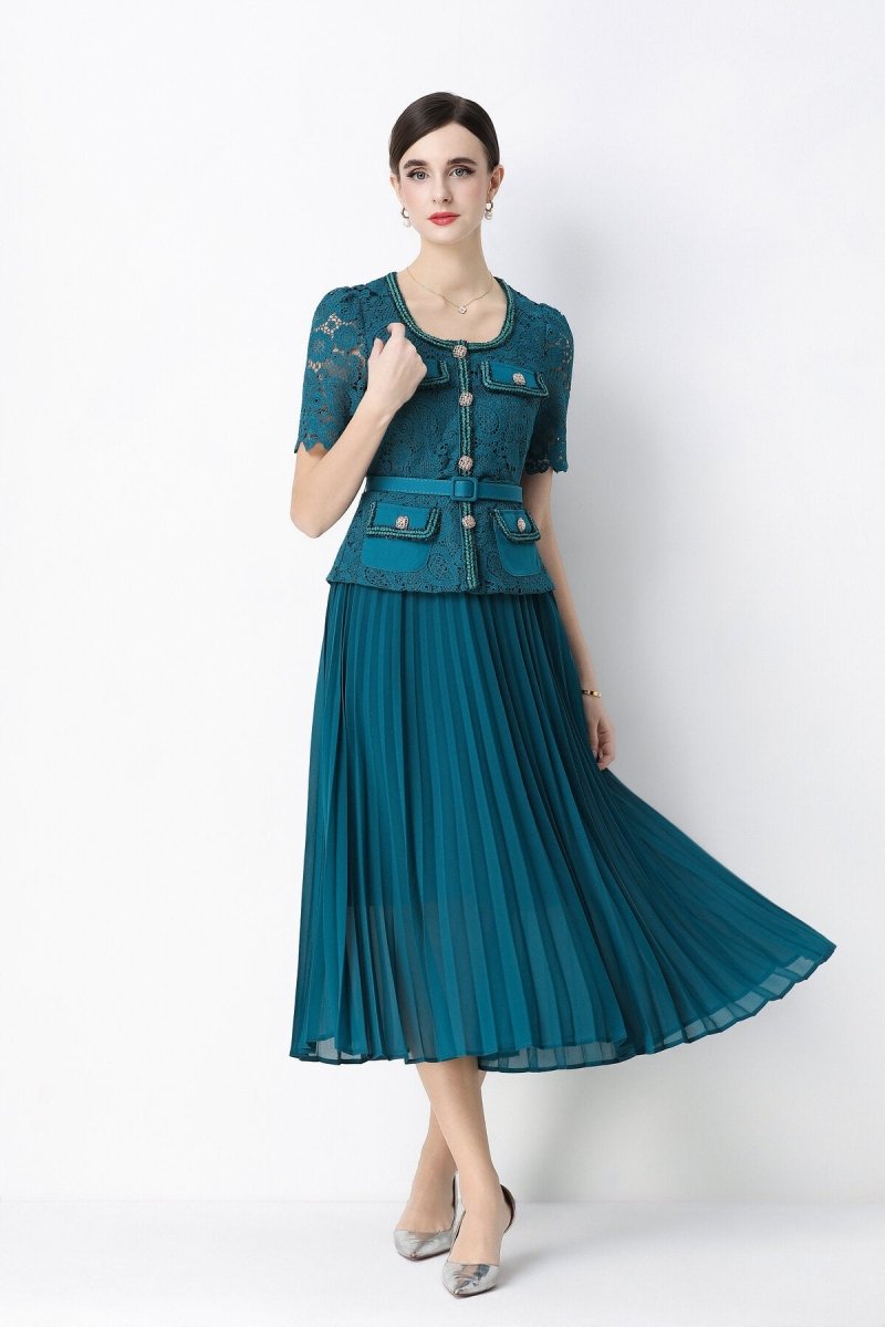 Short Sleeve Lace Peplum Jacket & Pleated Skirt Set